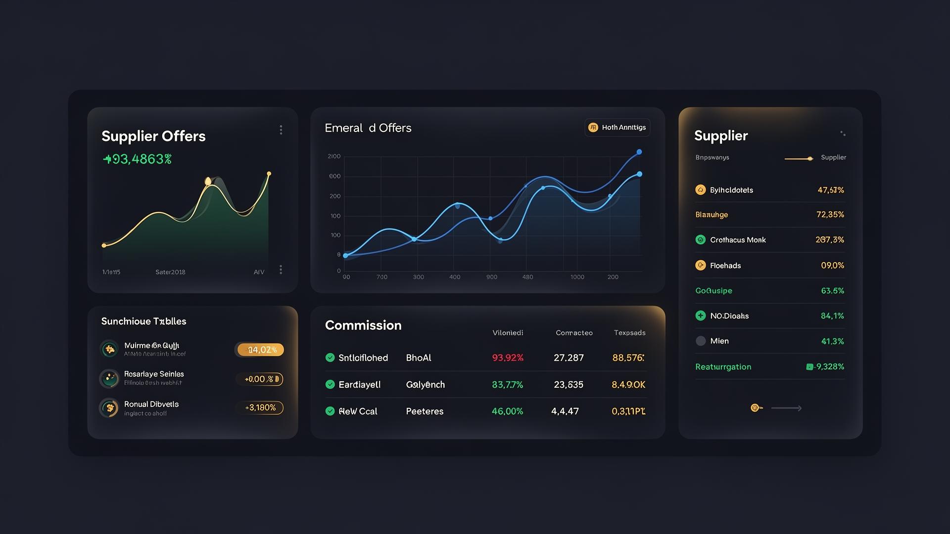 OAC dashboard mockup with supplier offers, applications, match scores, commissions